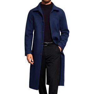 Men's Navy Blue Long Trench Coat Single Breasted Casual Winter Warm Pea Coat